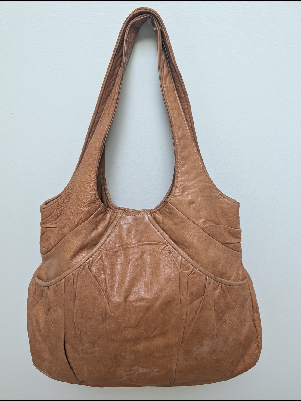 Vintage Lauren Merkin NYC Tan Cognac Leather Shoulder Tote Hobo Bag Boho Slouch